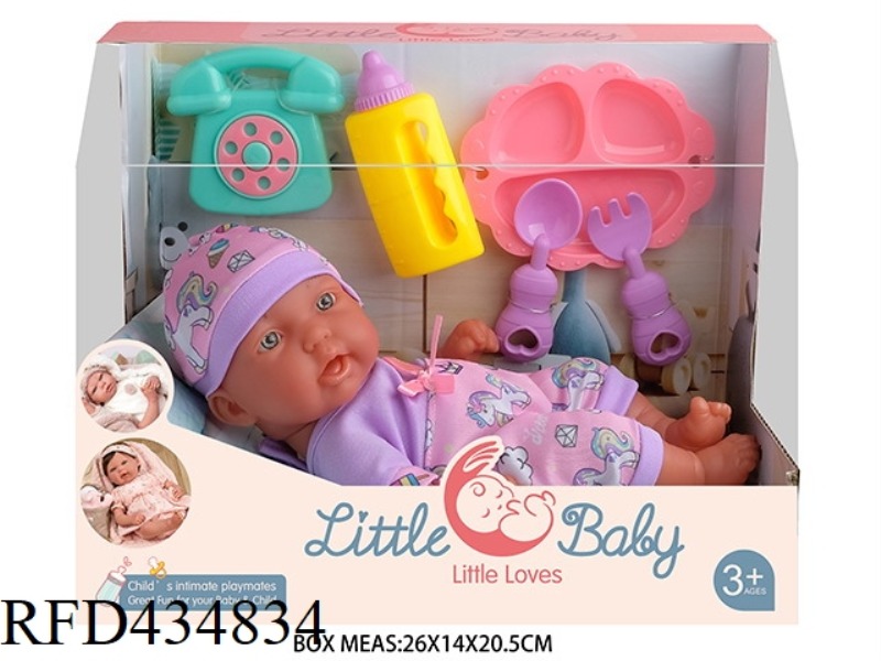 10 INCH NEWBORN BLACK DOLL BABY DOLL WITH PHONE, FEEDING BOTTLE, DINNER PLATE, KNIFE AND FORK. TRAPE