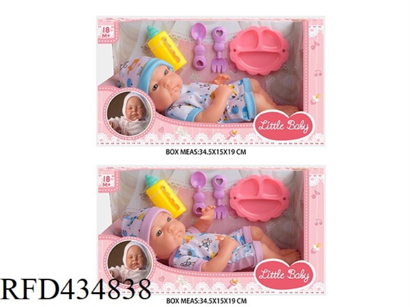 13 INCH NEWBORN BABY DOLL WITH BOTTLE, PLATE, KNIFE AND FORK