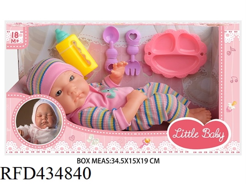 13 INCH NEWBORN BABY DOLL WITH BOTTLE, PLATE, KNIFE AND FORK