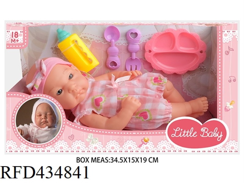 13 INCH NEWBORN BABY DOLL WITH BOTTLE, PLATE, KNIFE AND FORK
