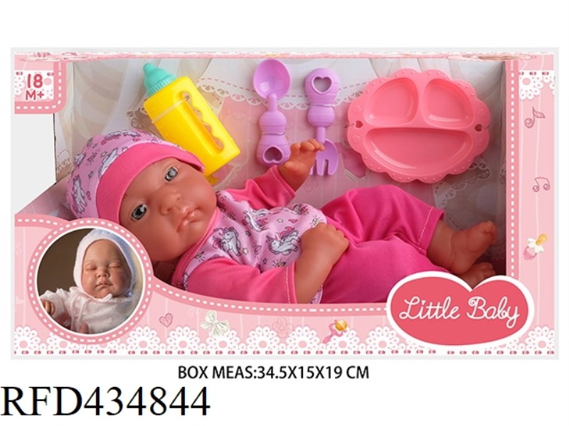 13 INCH BLACK NEWBORN BABY DOLL WITH BOTTLE, PLATE, KNIFE AND FORK