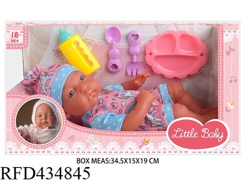 13 INCH BLACK NEWBORN BABY DOLL WITH BOTTLE, PLATE, KNIFE AND FORK