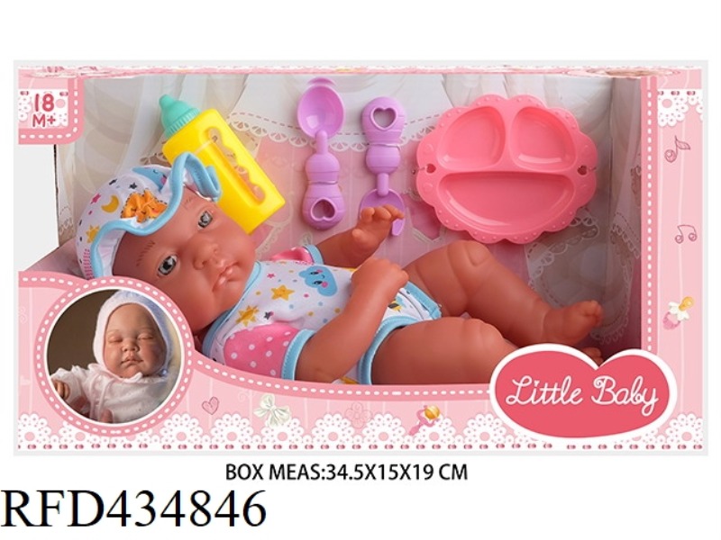 13 INCH BLACK NEWBORN BABY DOLL WITH BOTTLE, PLATE, KNIFE AND FORK