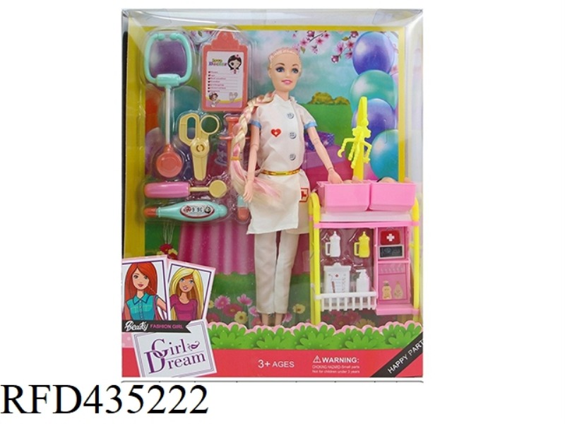 THEME SERIES 11.5 INCH 9 JOINT NURSE SOLID BODY BARBIE WITH MEDICAL SET AND STETHOSCOPE SET