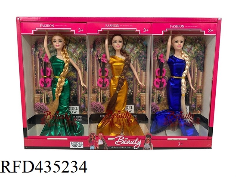 11.5 INCH SOLID BODY EVENING DRESS LONG HAIR BARBIE WITH HANDBAG 3 MIXED 3PCS