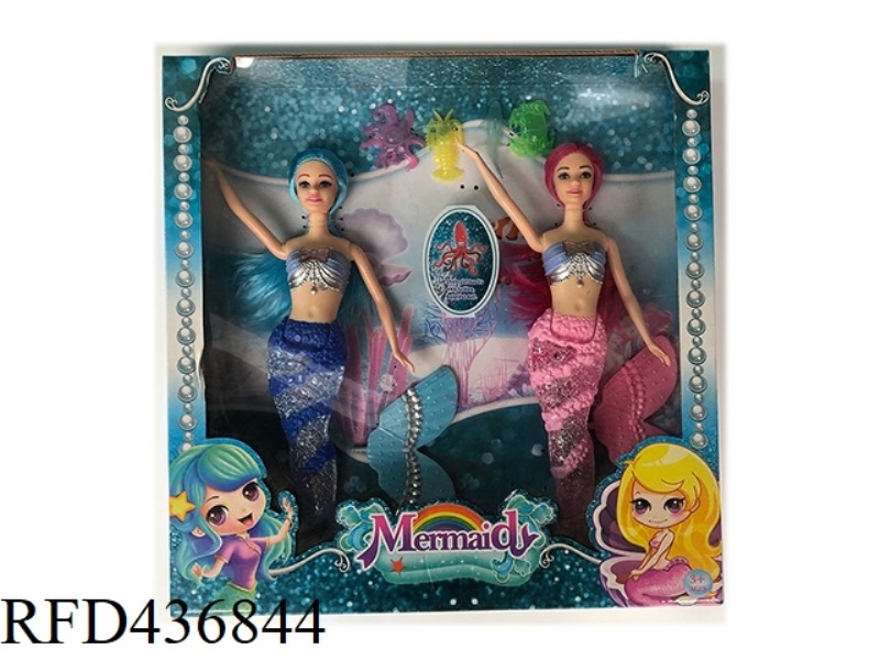 TWO 14 INCH SOLID TRANSPARENT TAILED MERMAIDS (WITH THEME MUSIC + COLORFUL LIGHTING FUNCTION 2PCS)