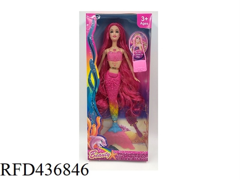 14 INCH SOLID RAINBOW LONG HAIR MERMAID WITH HANDBAG COMB (WITH COLORFUL LIGHTING FUNCTION)