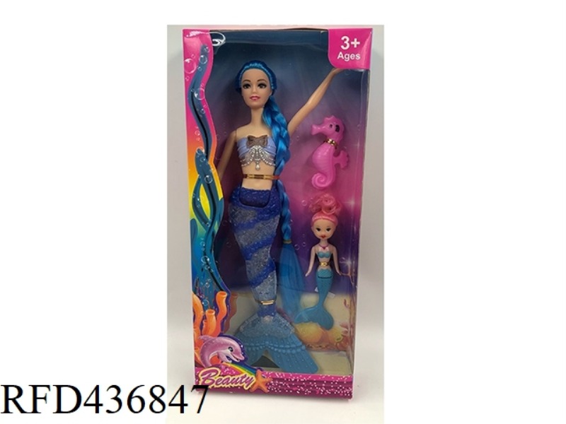 14 INCH SOLID TRANSPARENT TAIL LONGER THAN ARNIE MERMAID WITH 4.5-INCH SMALL MERMAID + HIPPOCAMPUS (