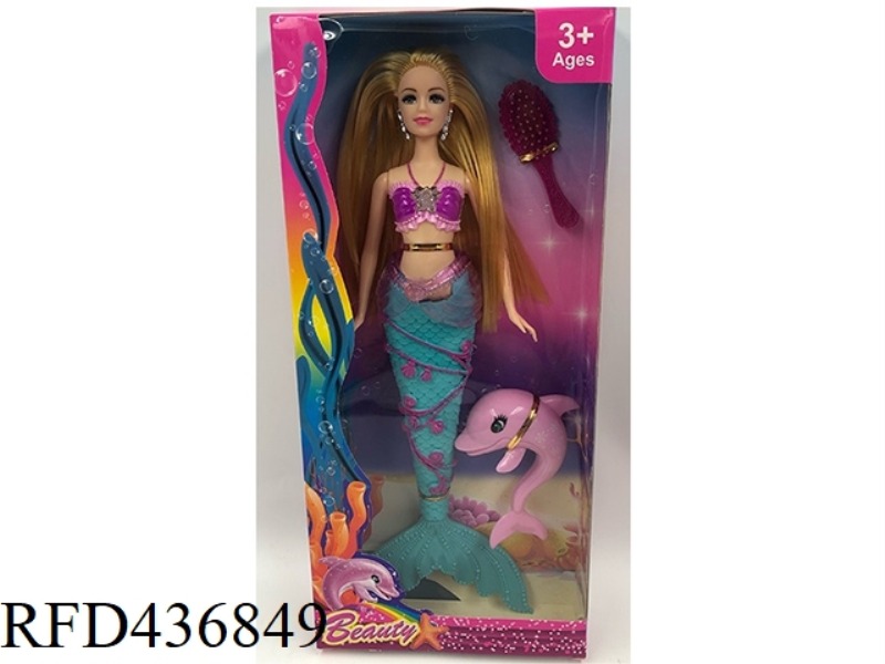 14 INCH SOLID CRYSTAL SKIRT MERMAID WITH DOLPHIN + COMB (WITH THEME MUSIC + COLORFUL LIGHTING FUNCTI