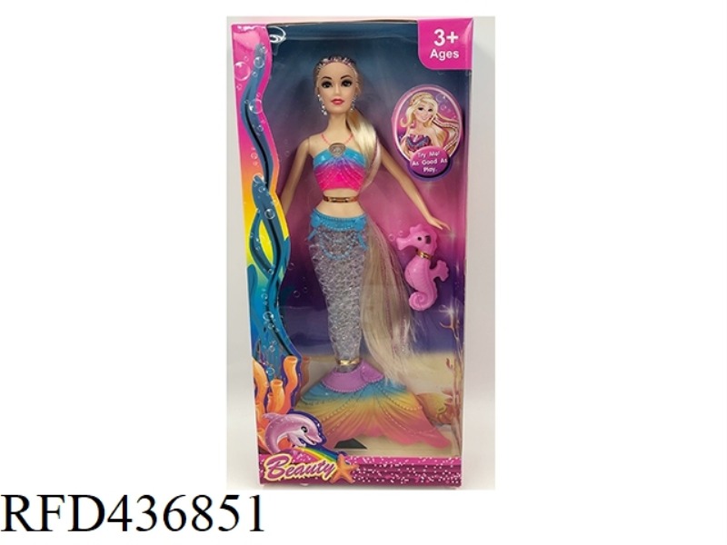 14 INCH SOLID TRANSPARENT BIG TAIL LONG HAIR MERMAID WITH HIPPOCAMPUS (WITH THEME MUSIC + COLORFUL L