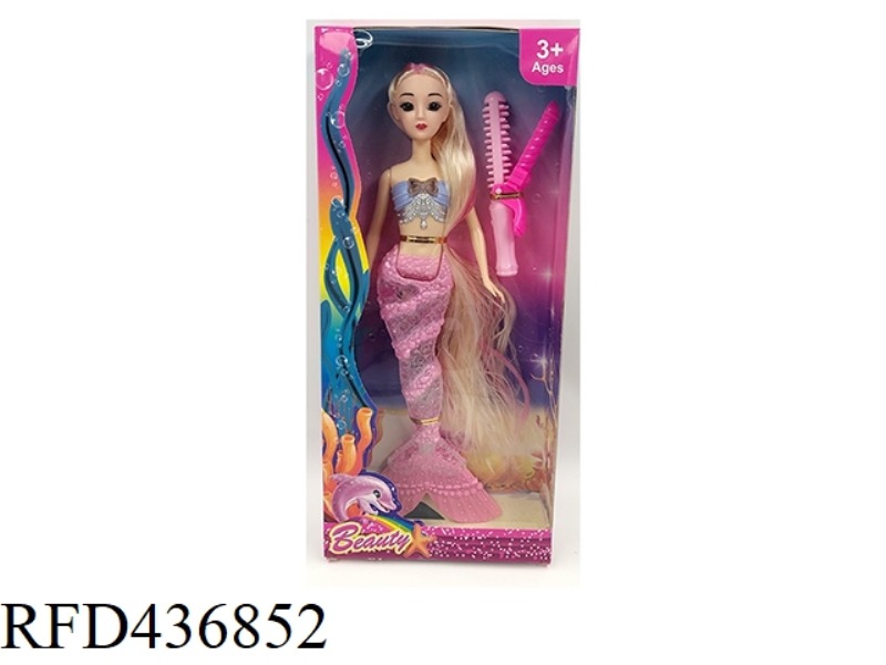 3D REAL EYES 14 INCH SOLID TRANSPARENT TAIL MERMAID WITH CURLING HAIR STICK (WITH THEME MUSIC + COLO