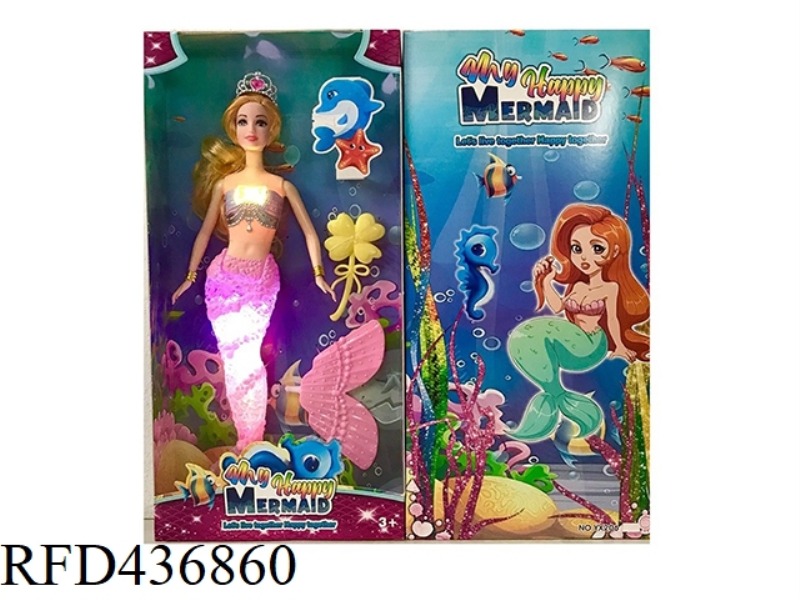 14 INCH SOLID TRANSPARENT TAIL MERMAID WITH COMB (WITH THEME MUSIC + COLORFUL LIGHTING FUNCTION)
