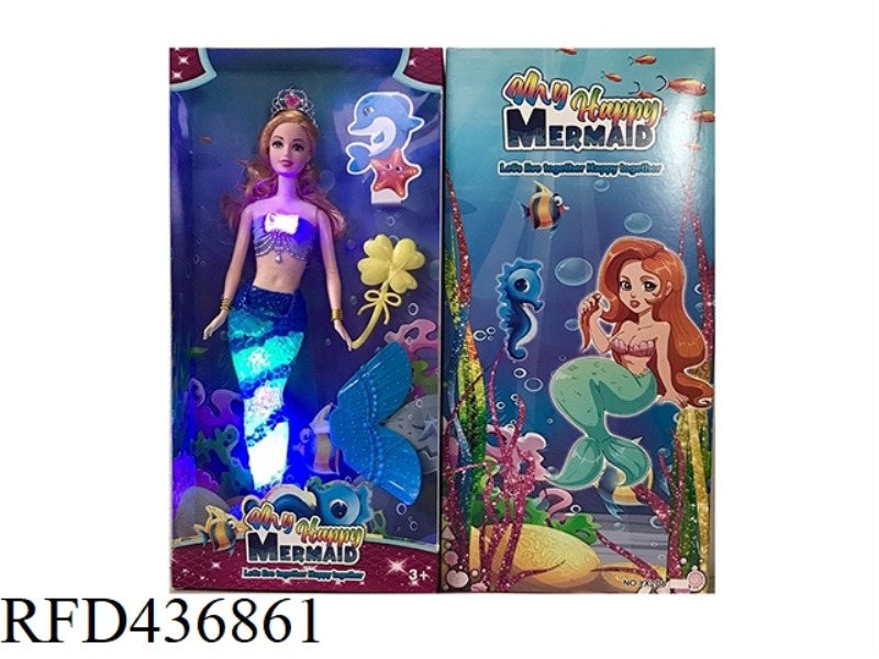 14 INCH SOLID TRANSPARENT TAIL MERMAID WITH COMB (WITH THEME MUSIC + COLORFUL LIGHTING FUNCTION)