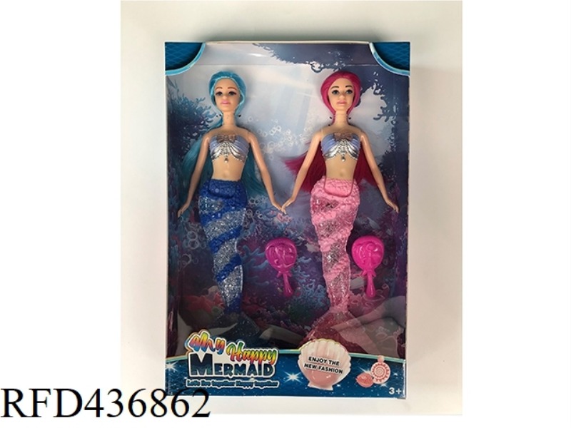 TWO 14 INCH SOLID TRANSPARENT TAILED MERMAIDS WITH COMB (WITH THEME MUSIC + COLORFUL LIGHTING FUNCTI