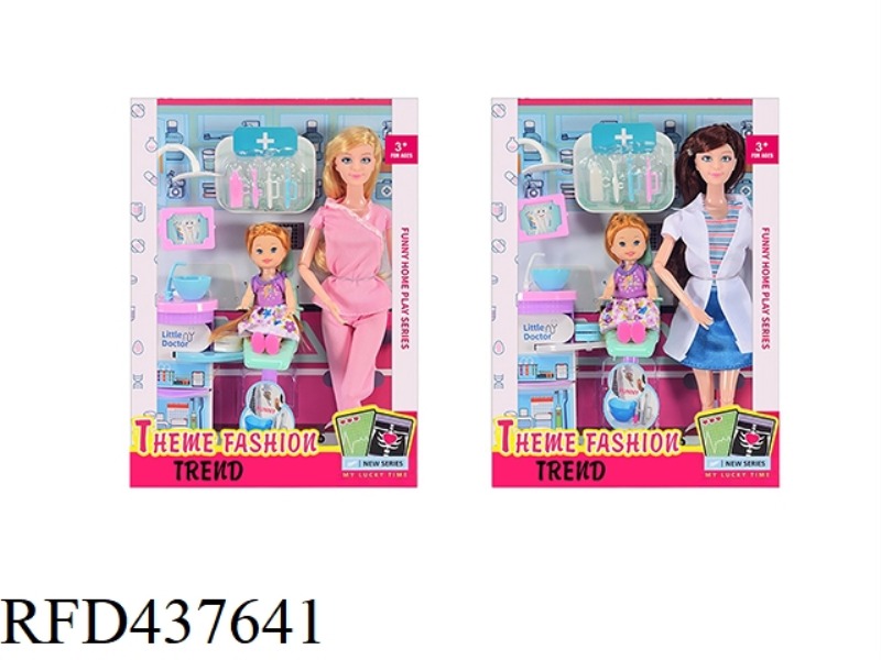 11.5 INCH 12 JOINT SOLID BODY DENTIST DOCTOR BARBIE WITH 3 INCH SOLID BODY CHILD. DENTAL KIT