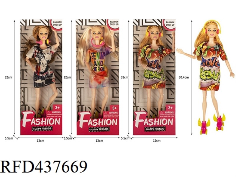 FASHION TREND SERIES 11.5 INCH 12 JOINTS SOLID BODY TREND BARBIE 3 MIXED WITH HEADPHONES AND SKATES