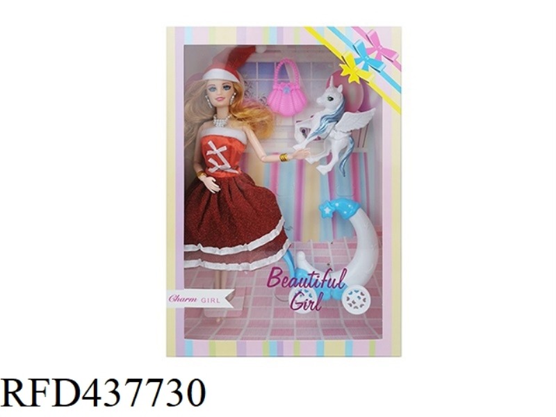 11.5 INCH 9 JOINT SOLID BODY CHRISTMAS BARBIE WITH EARRINGS NECKLACE BRACELET HANDBAG PEGASUS CART