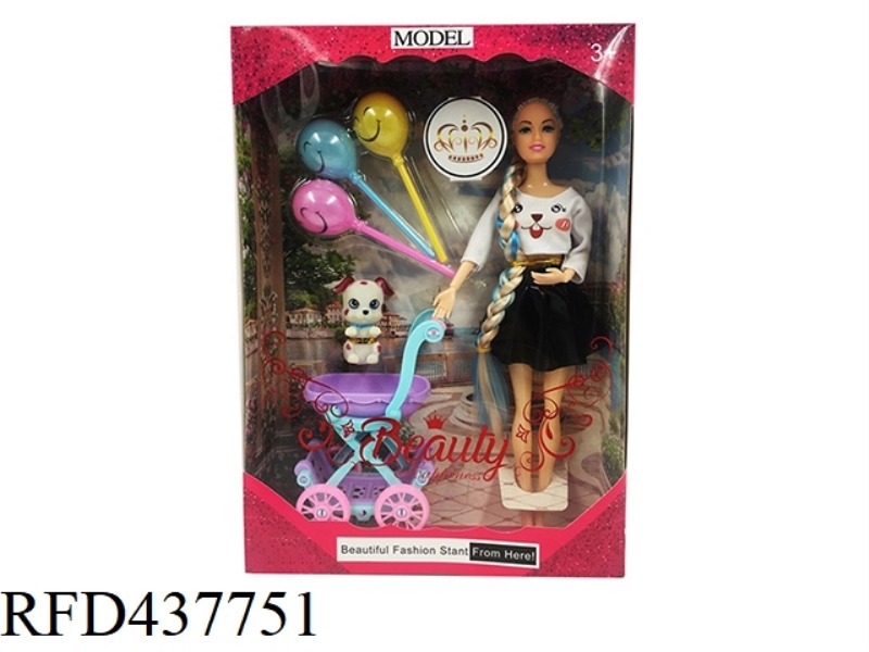 11.5 INCH 11 JOINT SOLID BODY LIVE HAND BARBIE WITH SMALL STROLLER PUPPY BALLOON