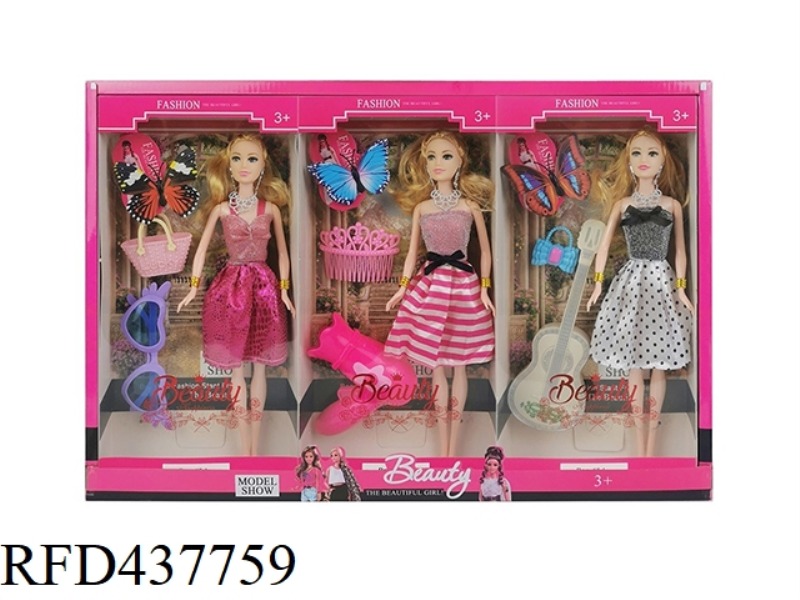 11.5 INCH SOLID BODY FASHION PRINCESS WITH ACCESSORIES THREE MIXED 3PCS