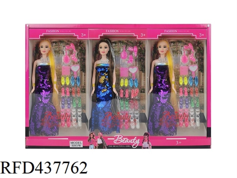 11.5 INCH SOLID BODY FASHION EVENING DRESS PRINCESS WITH SHOE ACCESSORIES THREE MIXED 3PCS