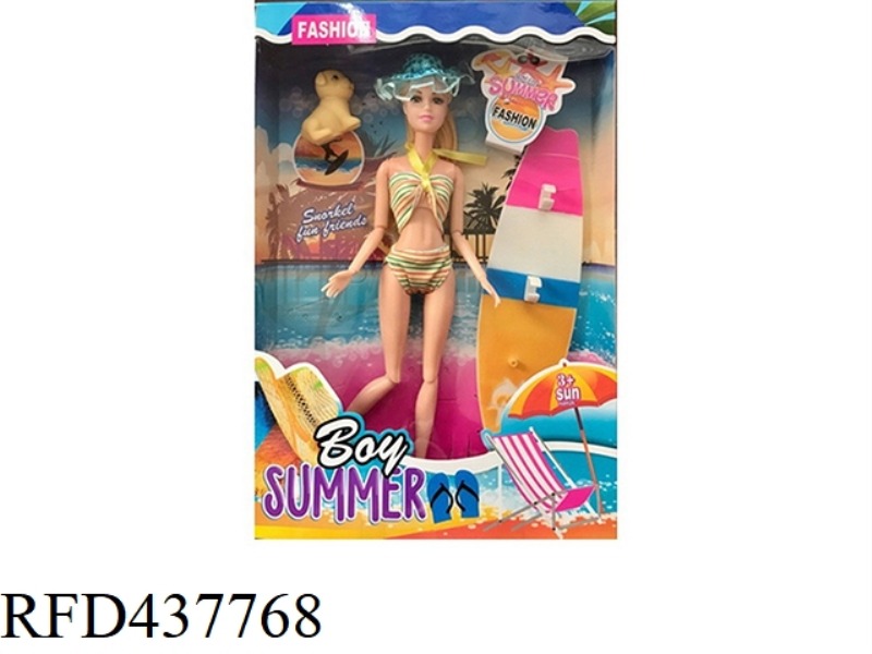 11.5 INCH SOLID BODY 12 JOINT SUMMER SWIMSUIT BARBIE WITH PUPPY WITH SURFBOARD