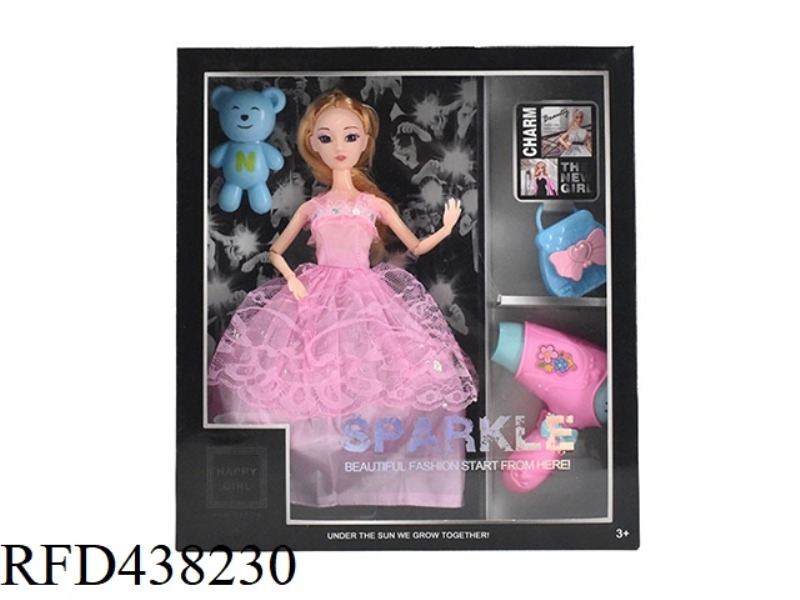 SUMMER 11.5-INCH 9-JOINT SOLID BODY 3D EYEBALL FEMALE BARBIE WITH BEAR, HANDBAG, HAIR DRYER