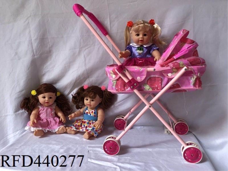 3 13-INCH VINYL DOLLS WITH FOUR-TONE IC AND IRON TROLLEYS MIXED