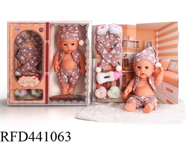 12 INCH FULL ENAMEL DOLL WITH GLOVES, SCARF, SHOES, MILK BOTTLE CARPET WITH 6-TONE IC DRINKING AND U