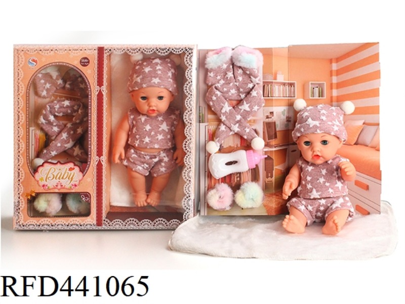 12 INCH FULL ENAMEL DOLL WITH GLOVES, SCARF, SHOES, MILK BOTTLE CARPET WITH 6-TONE IC DRINKING AND U