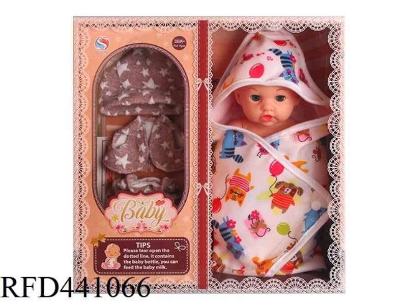 12 INCH FULL ENAMEL DOLL WITH CUDDLE QUILT BOTTLE WITH 6-TONE IC WATER DRINKING AND URINATION FUNCTI