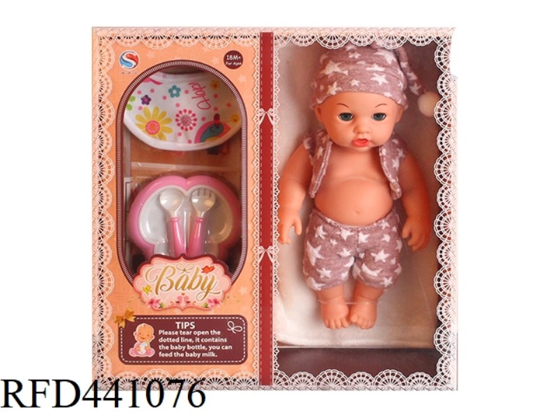 12 INCH FULLY ENAMELLED DOLL WITH NAPKIN, DINNER PLATE, KNIFE AND FORK, MILK BOTTLE WITH 6-TONE IC W