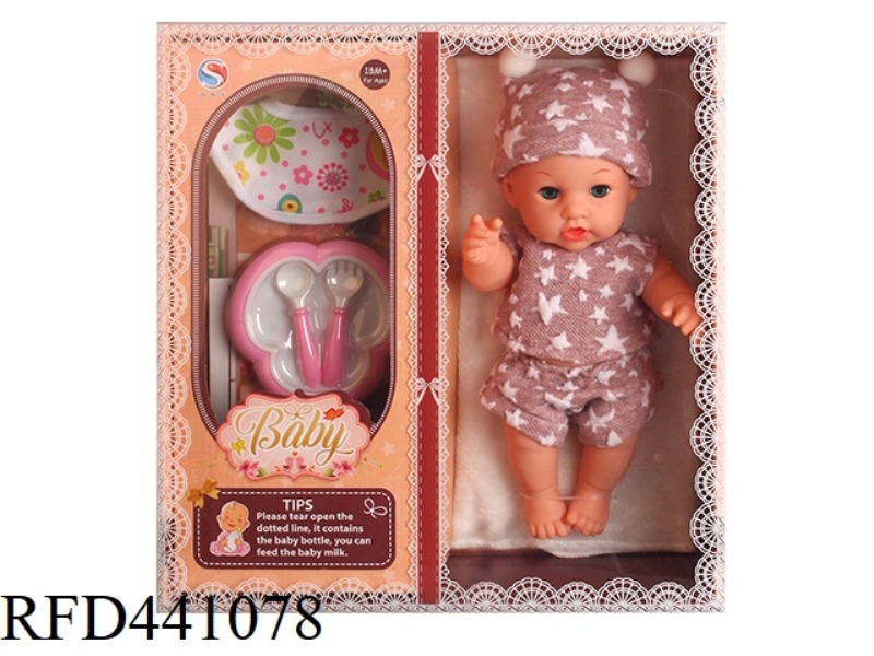 12 INCH FULLY ENAMELLED DOLL WITH NAPKIN, DINNER PLATE, KNIFE AND FORK, MILK BOTTLE WITH 6-TONE IC W