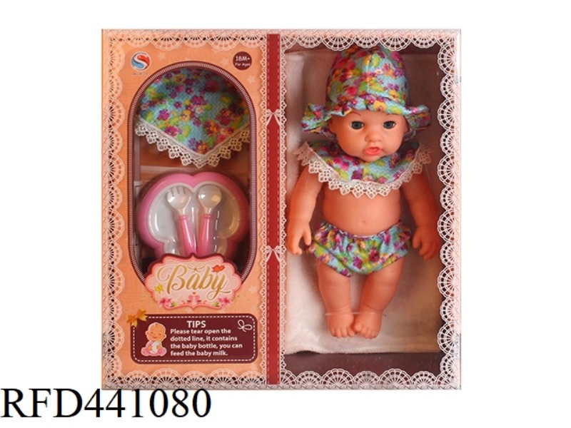 12 INCH FULLY ENAMELLED DOLL WITH NAPKIN, DINNER PLATE, KNIFE AND FORK, MILK BOTTLE WITH 6-TONE IC W