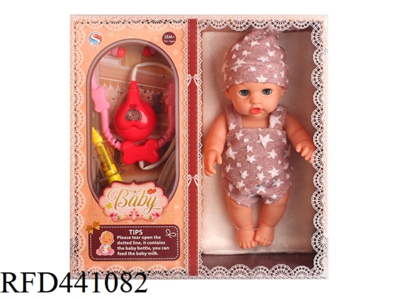 12 INCH FULLY ENAMELLED DOLL IS EQUIPPED WITH ACOUSTIC STETHOSCOPE, SYRINGE, THERMOMETER, MILK BOTTL
