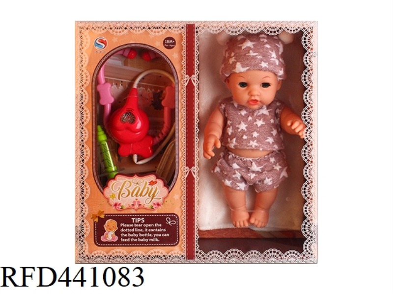 12 INCH FULLY ENAMELLED DOLL IS EQUIPPED WITH ACOUSTIC STETHOSCOPE, SYRINGE, THERMOMETER, MILK BOTTL
