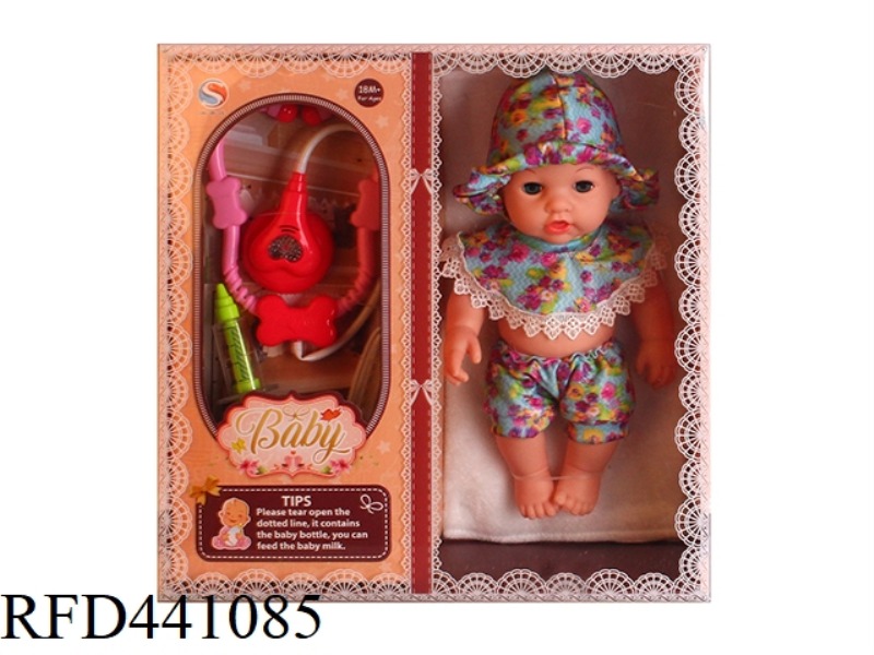 12 INCH FULLY ENAMELLED DOLL IS EQUIPPED WITH ACOUSTIC STETHOSCOPE, SYRINGE, THERMOMETER, MILK BOTTL