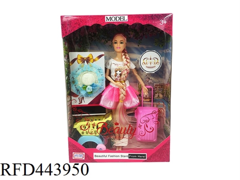 11.5-INCH SOLID 9-JOINT FASHION DRESS BARBIE WITH SMALL SUITCASE AND STROLLER HAT
