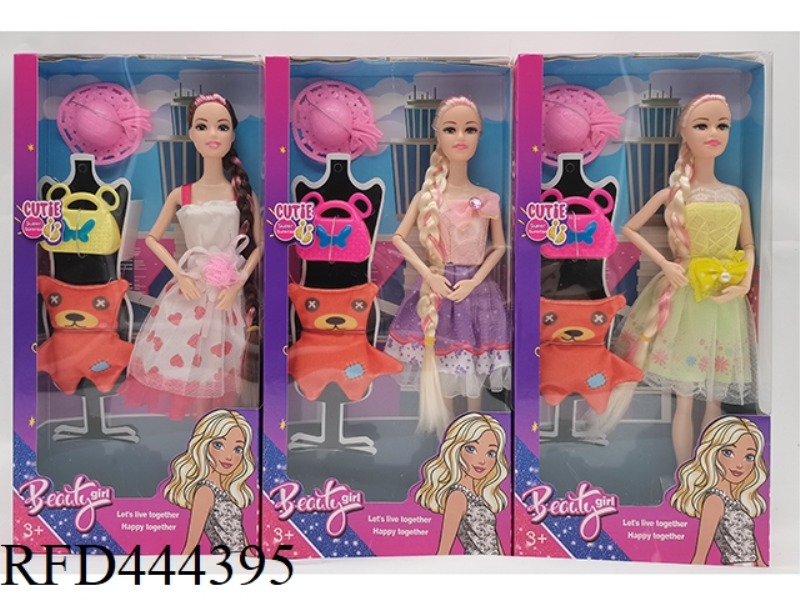 11.5-INCH 9-JOINT SOLID BODY LONG BRAID FASHION BARBIE HAT + BAG + DOLL BEAR