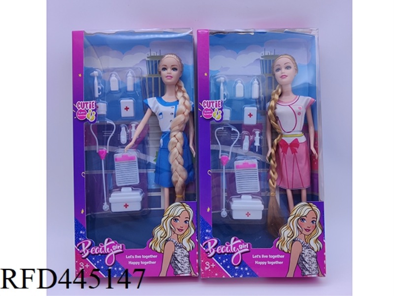 11 INCH SOLID LONG BRAIDED BARBIE NURSE SUIT TWO-COLOR MIXED SUIT