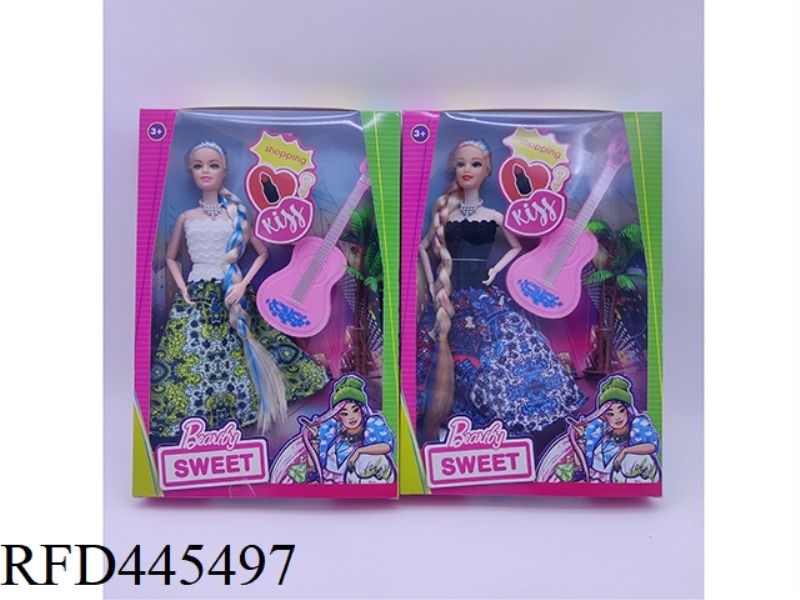 11 INCH SOLID 9-JOINT LONG BRAIDED BARBIE EXOTIC DRESS + TROPICAL TREE + GUITAR