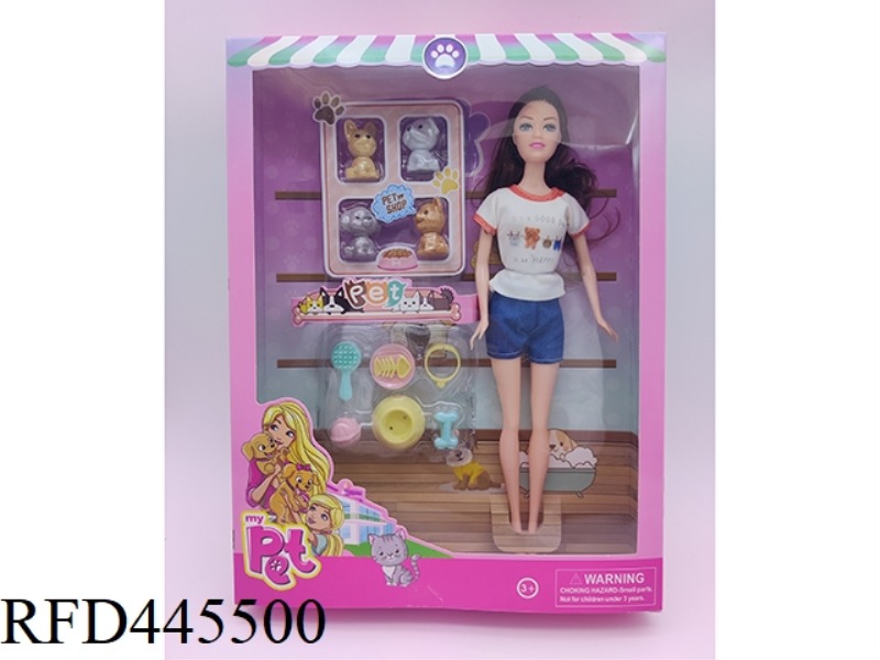 11 INCH SOLID BARBIE DOLL + FOUR DOG BLISTER + DOG TOY BLISTER