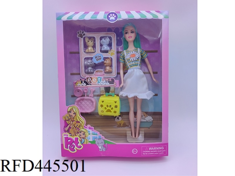 11 INCH SOLID BARBIE + FOUR DOG BLISTER + DOG CAGE + DOG FOOD
