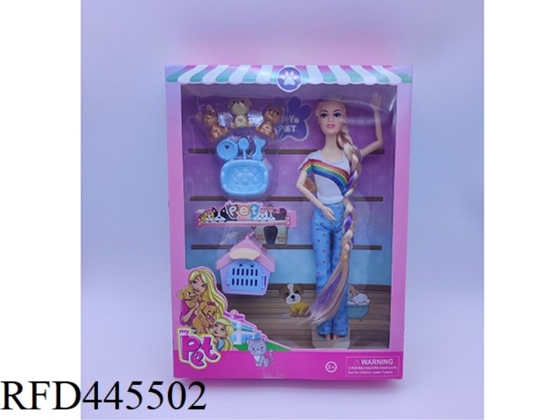 11 INCH SOLID BARBIE DOLL + FOUR DOG BLISTER + DOG TOY BLISTER