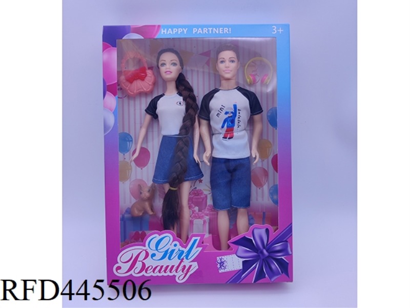 11 INCH SOLID DOUBLE COUPLE DOLL + BAG + DOG + HEADSET