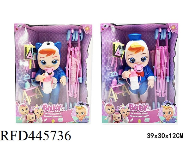18 INCH FULL BODY ENAMEL WILL SHED TEARS, CRYING DOLL WITH 4-TONE MUSIC, ACCESSORIES AND CART