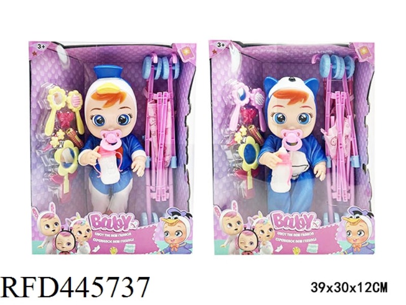 18 INCH FULL BODY ENAMEL WILL SHED TEARS, CRYING DOLL WITH 4-TONE MUSIC, ACCESSORIES AND CART