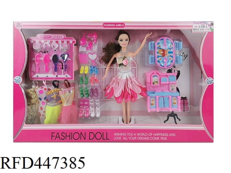 11.5-INCH FULL BODY LIVE HAND FASHION BARBIE WITH DRESS ACCESSORIES AND KITCHEN ACCESSORIES HANGING