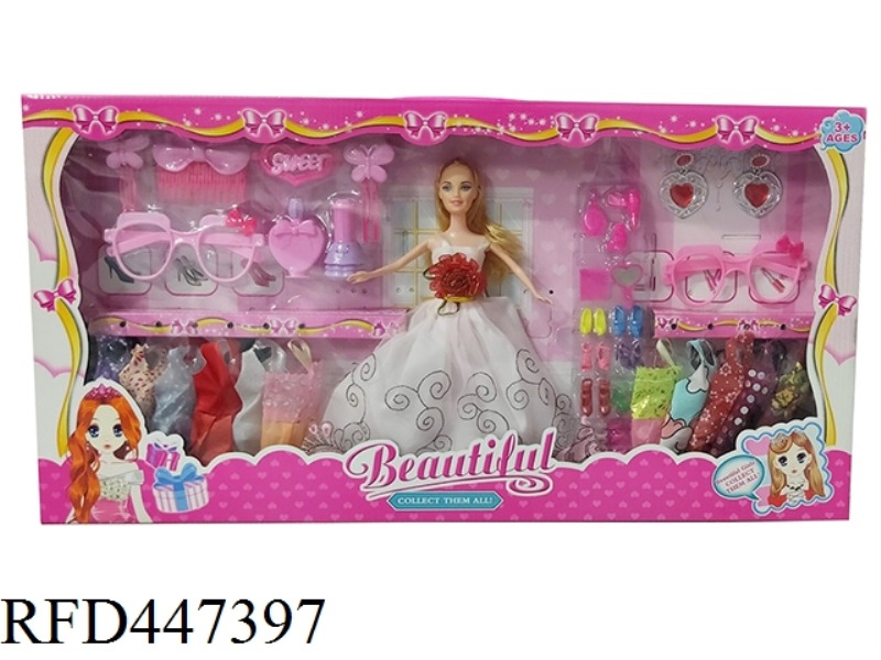 11.5-INCH FULL BODY LIVE HAND WEDDING DRESS SKIRT BARBIE BELT HANGER, LARGE GLASSES ACCESSORIES AND