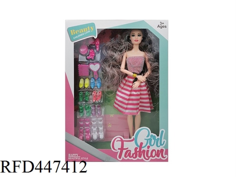 11.5-INCH SOLID 9-JOINT FASHION SKIRT BARBIE WITH EARRINGS, BRACELETS, COMBS, SHOE CABINET ACCESSORI
