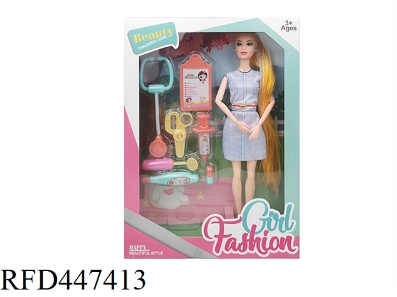 11.5-INCH SOLID 9-JOINT FASHION SKIRT LONG HAIR BARBIE WITH EARRINGS, STETHOSCOPE ACCESSORIES